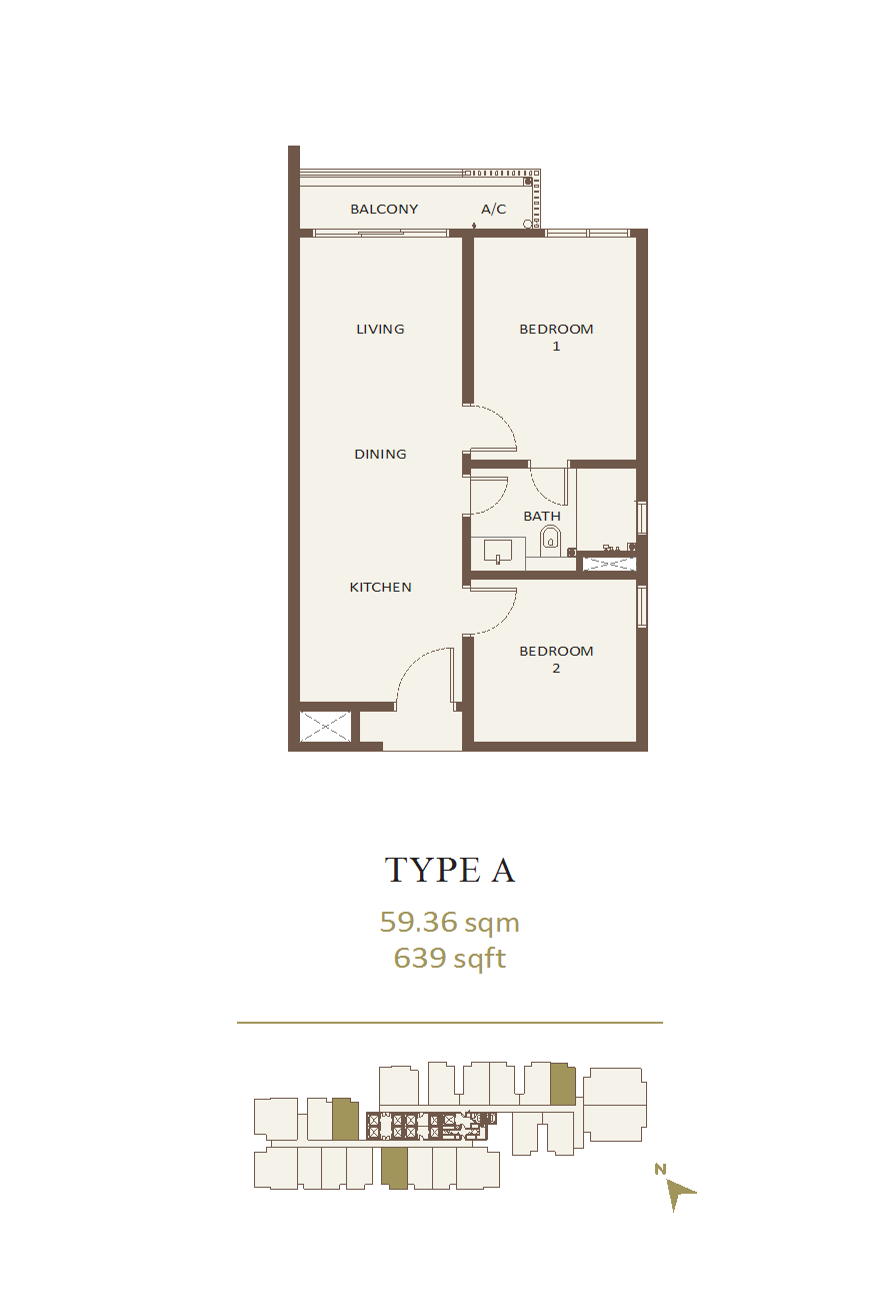 Aethera Residences Type A floor plan, 639 square feet, 2 bedrooms and 1 bathroom