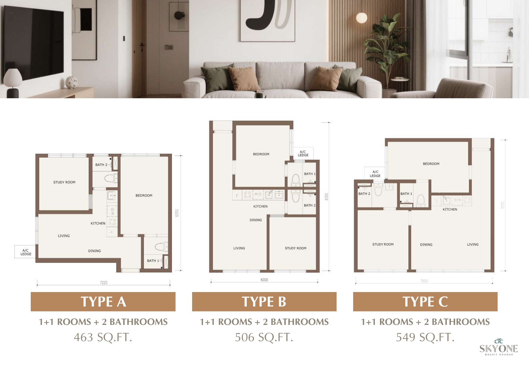 CTC SkyOne Type A, B and C 1 plus 1 room floor plans