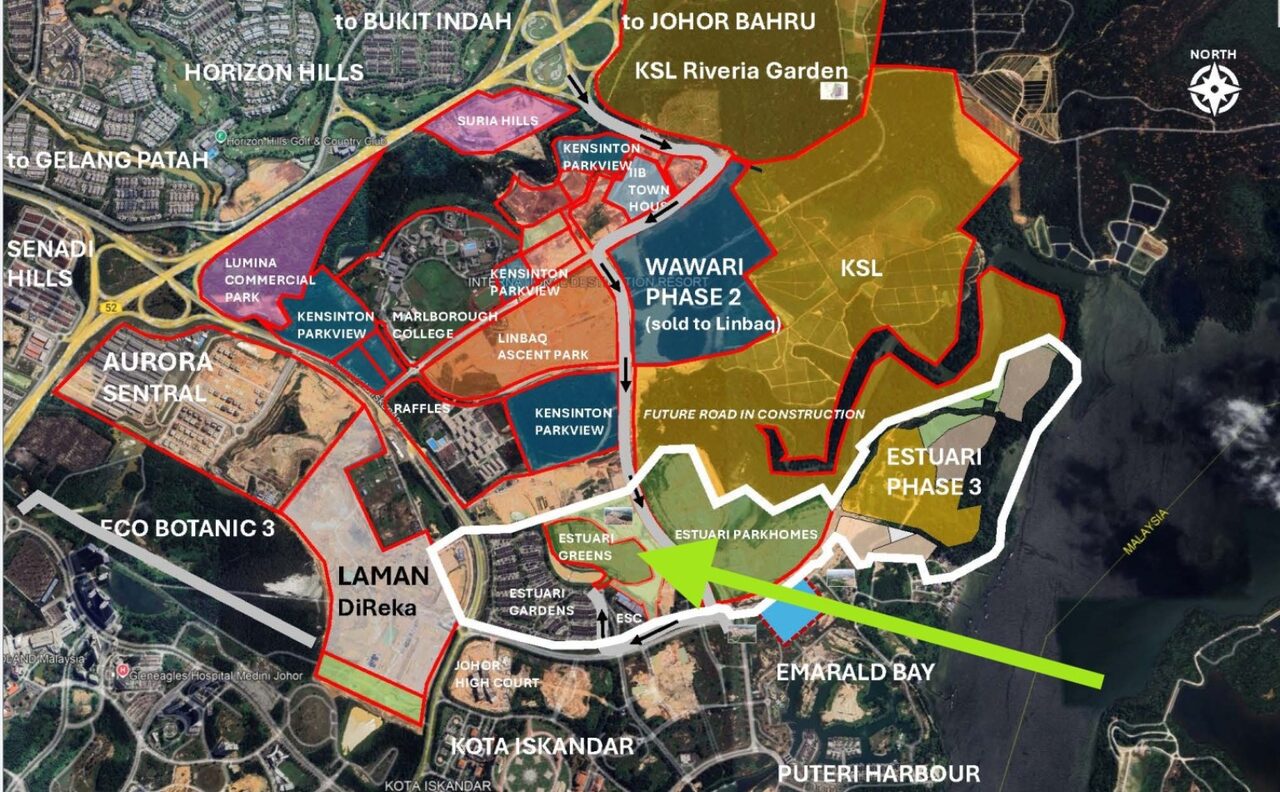 Map showing Estuari in relation to Puteri Harbour, Kota Iskandar, Horizon Hills, Eco Botanic and Bandar Wawari