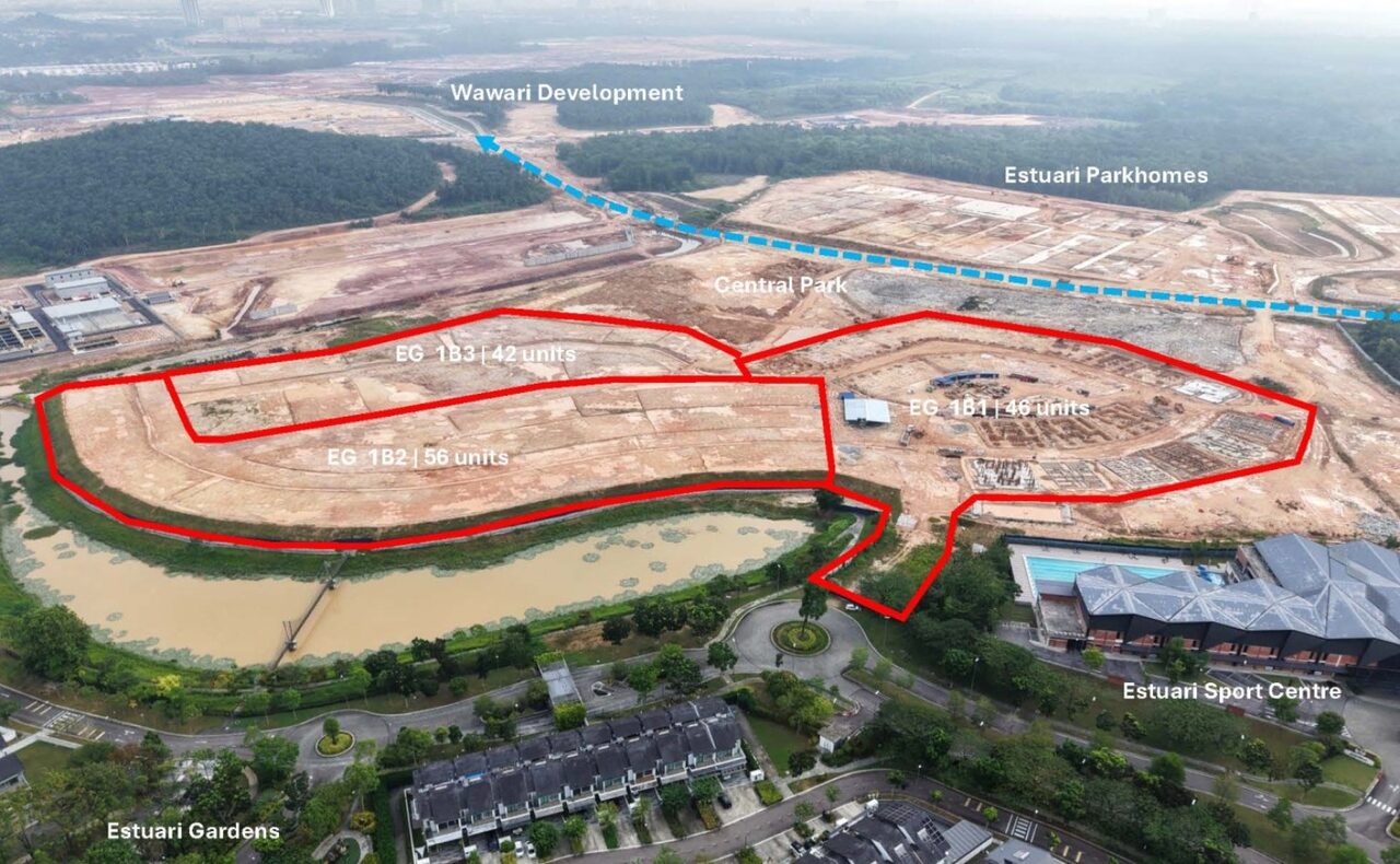 Aerial progress view of Estuari Greens, ParkHomes, Central Park and Estuari Sports Centre
