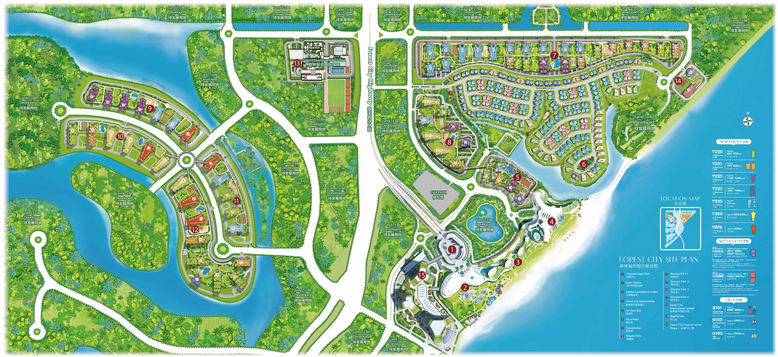 Forest City site plan showing high-rise apartment neighbourhoods and waterfront areas