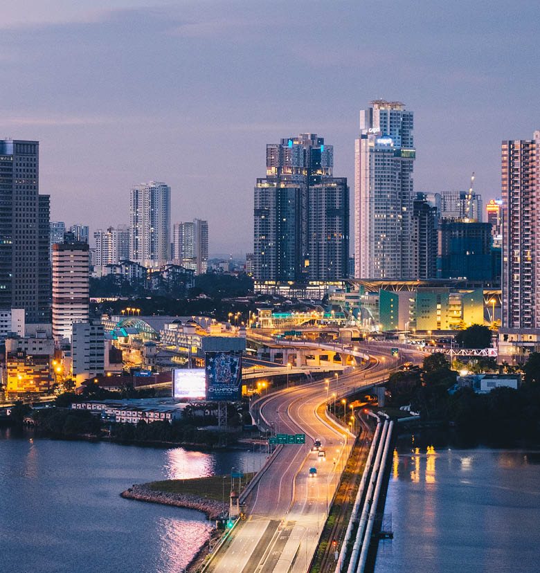 Johor Bahru city skyline and the causeway towards Singapore