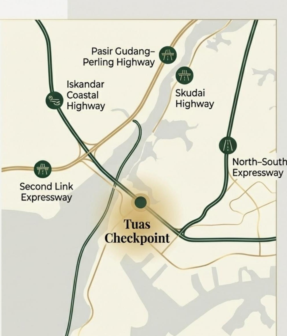 Riveria Garden connectivity map towards Tuas Checkpoint and major highways