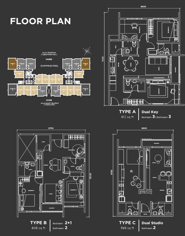 Summer Suites floor plans for Type A, Type B and Type C