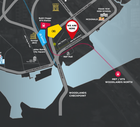 Location map showing Summer Suites near JB CIQ, Bukit Chagar RTS Station and the RTS link to Woodlands North