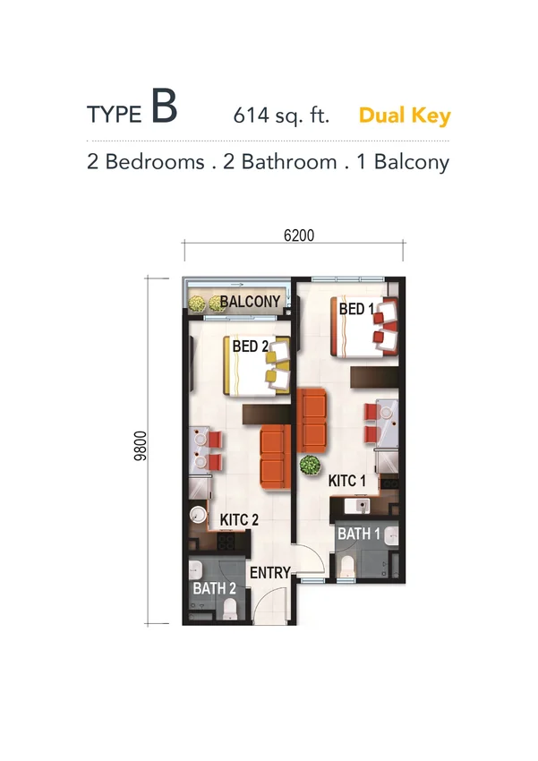 Verte Medini Type B dual-key floor plan