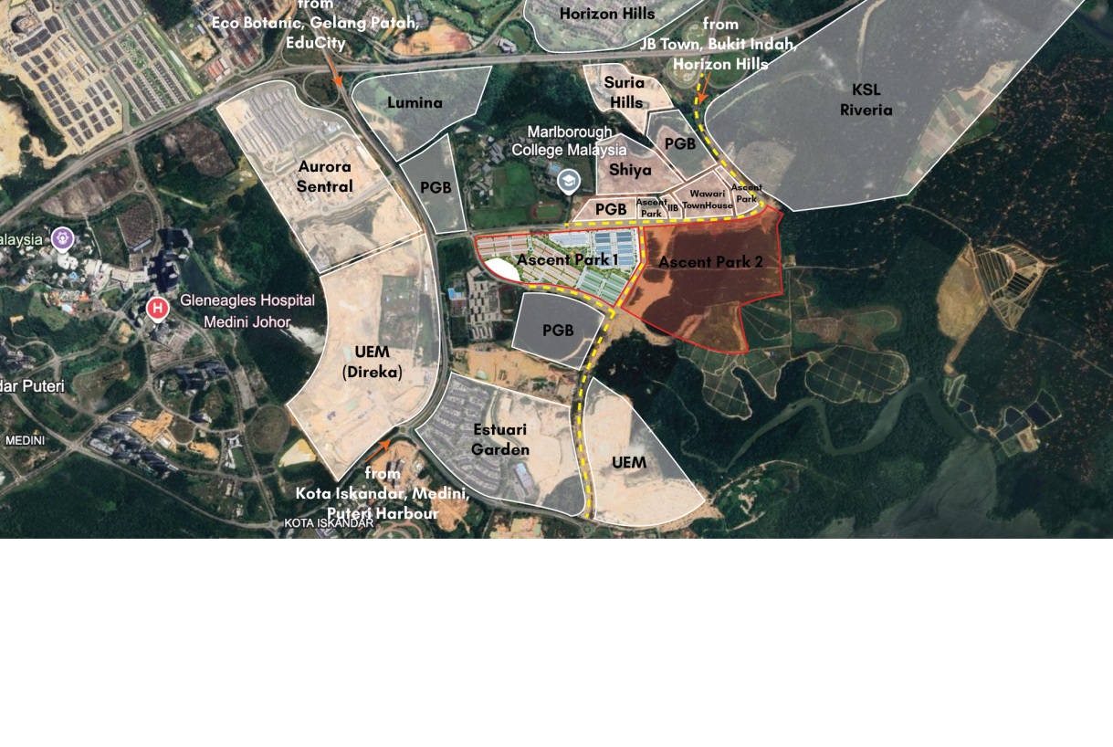 Aerial satellite map of Bandar Wawari and surrounding developments in Iskandar Puteri