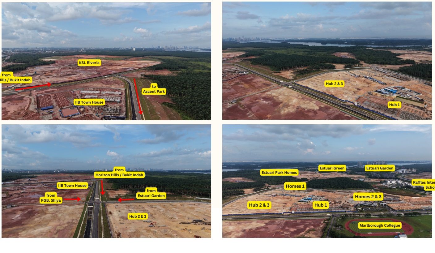 Four aerial drone views showing major road access and construction progress around Bandar Wawari